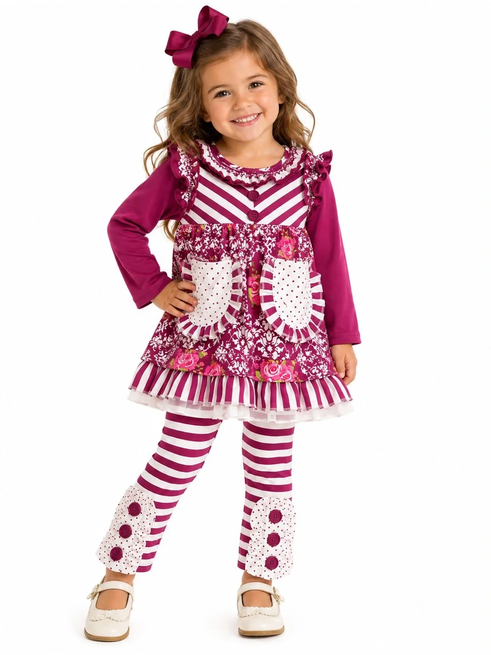 EUCMagenta Striped Floral Peasant Dress & Legging Set -